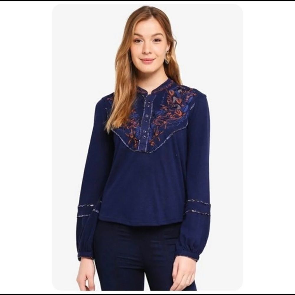 Free People Sundance Kid Western Henley Embroidered Top